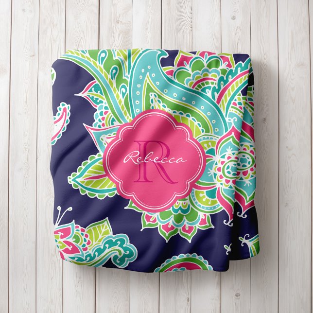 Navy and Pink Boho Paisley Monogrammed Fleece Blanket (Creator Uploaded)