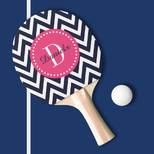 Navy and Pink Chevron Monogram Ping Pong Paddle