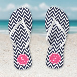 Navy and Pink Chevron Monogram Thongs<br><div class="desc">Custom printed flip flop sandals with a stylish modern chevron pattern and your custom monogram or other text in a circle frame. Click Customise It to change text fonts and colours or add your own images to create a unique one of a kind design!</div>