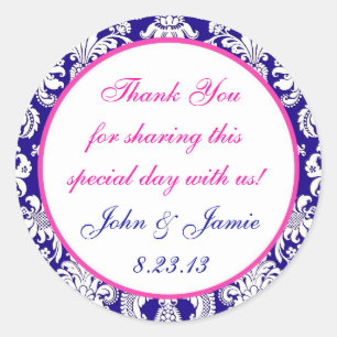 Navy and Pink Damask Round Wedding Sticker Label