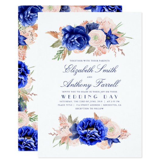 Navy and Pink Elegant Floral Wedding Card