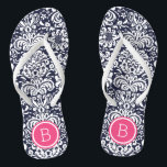 Navy and Pink Floral Damask Monogram Thongs<br><div class="desc">Custom printed flip flop sandals with a stylish elegant floral damask pattern and your custom monogram or other text in a circle frame. Click Customise It to change text fonts and colours or add your own images to create a unique one of a kind design!</div>