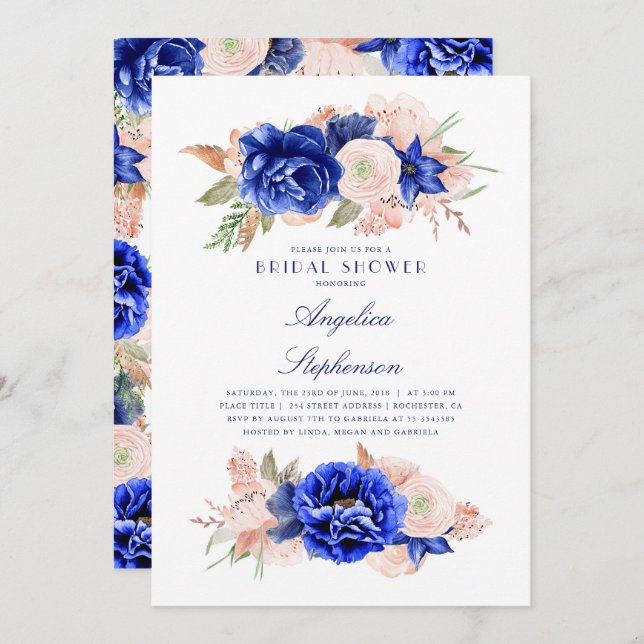 Navy and Pink Floral Elegant Bridal Shower Invitation (Front/Back)