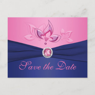 Navy and Pink Floral Save the Date Postcard