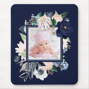Navy and Pink Floral with Photo Dark Blue Mouse Pad