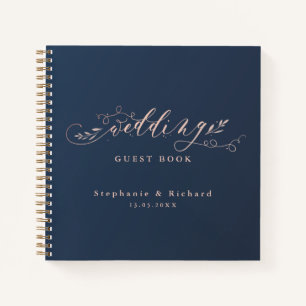 Navy and Pink Foliage Wedding Guestbook Notebook