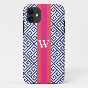 Navy and Pink Greek Key Monogram iPhone 11 Case