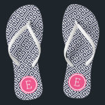 Navy and Pink Greek Key Monogram Thongs<br><div class="desc">Custom printed flip flop sandals with a stylish modern Greek key pattern and your custom monogram or other text in a circle frame. Click Customise It to change text fonts and colours or add your own images to create a unique one of a kind design!</div>