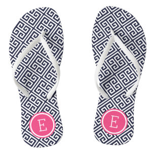 Navy and Pink Greek Key Monogram Thongs