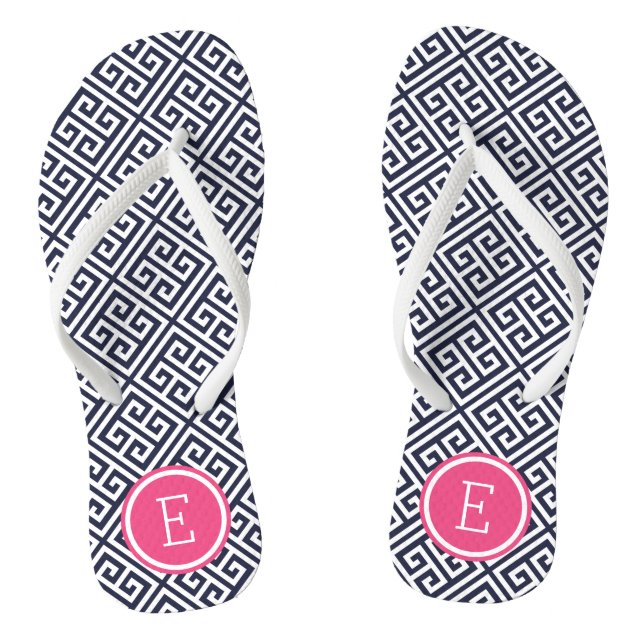 Navy and Pink Greek Key Monogram Thongs (Footbed)
