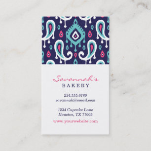 Navy and Pink Ikat Paisley Business Cards