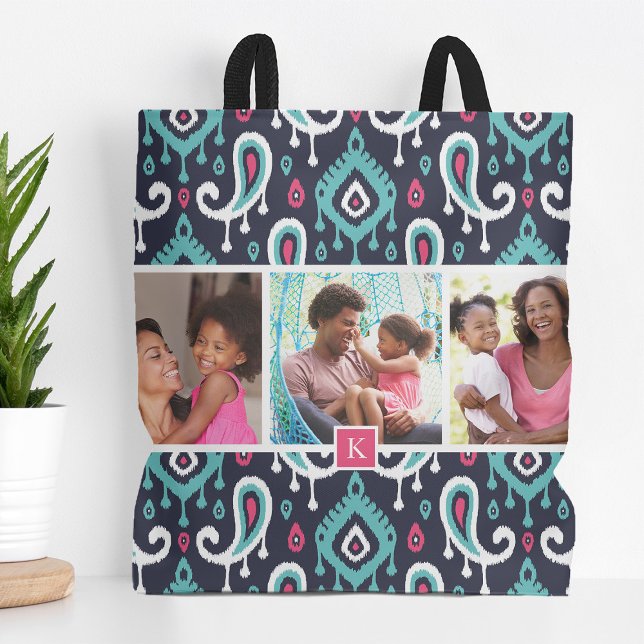 Navy and Pink Ikat Paisley Family Photo Monogram Tote Bag (Creator Uploaded)