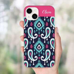 Navy and Pink Ikat Paisley Monogram Case-Mate iPhone 14 Case