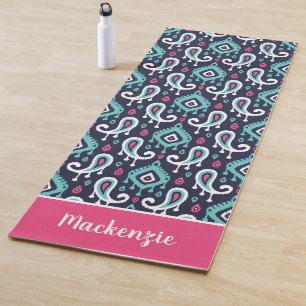 Navy and Pink Ikat Paisley Name Monogram Yoga Mat