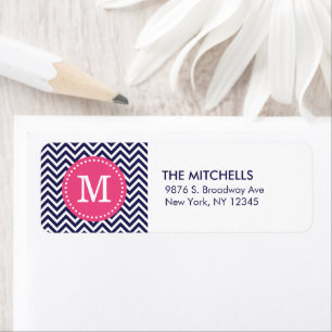 Navy and Pink Modern Chevron Custom Monogram Return Address Label