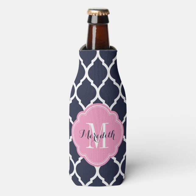 Navy and Pink Moroccan Quatrefoil Monogram Bottle Cooler (Bottle Front)