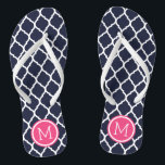 Navy and Pink Moroccan Quatrefoil Monogram Thongs<br><div class="desc">Custom printed flip flop sandals with a stylish Moroccan quatrefoil pattern and your custom monogram or other text in a circle frame. Click Customise It to change text fonts and colours or add your own images to create a unique one of a kind design!</div>