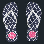 Navy and Pink Moroccan Quatrefoil Monogram Thongs<br><div class="desc">Custom printed flip flop sandals with a stylish Moroccan quatrefoil pattern and your custom monogram or other text in a circle frame. Click Customise It to change text fonts and colours or add your own images to create a unique one of a kind design!</div>