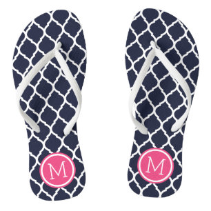 Navy and Pink Moroccan Quatrefoil Monogram Thongs