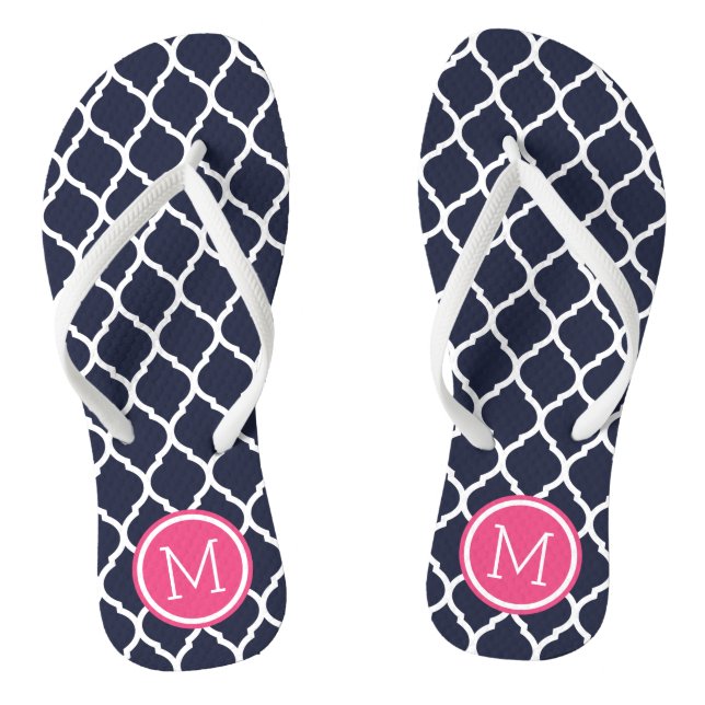 Navy and Pink Moroccan Quatrefoil Monogram Thongs (Footbed)