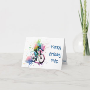 Navy and pink mtb cyclist Birthday Card