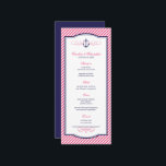 Navy and Pink Nautical Anchor Wedding Menu Card<br><div class="desc">Preppy modern wedding dinner menu card design with a nautical anchor graphic and elegant calligraphy scroll flourishes on a trendy diagonal stripe pattern background. Click the CUSTOMIZE IT button to customise fonts,  move text around and create your own unique one-of-a-kind invitation design.</div>