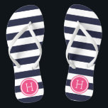 Navy and Pink Preppy Stripes Monogram Thongs<br><div class="desc">Custom printed flip flop sandals with a preppy nautical stripe pattern and your custom monogram or other text in a circle frame. Click Customise It to change text fonts and colours or add your own images to create a unique one of a kind design!</div>
