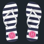 Navy and Pink Preppy Stripes Monogram Thongs<br><div class="desc">Custom printed flip flop sandals with a preppy nautical stripe pattern and your custom monogram or other text in a circle frame. Click Customise It to change text fonts and colours or add your own images to create a unique one of a kind design!</div>