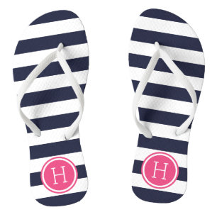 Navy and Pink Preppy Stripes Monogram Thongs