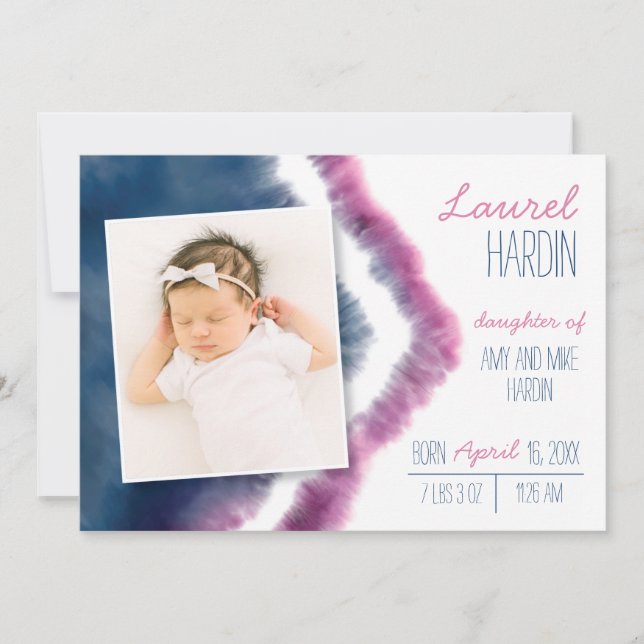 Navy and Pink Tie-Dye Birth Announcement (Front)