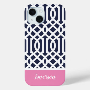 Navy and Pink Trellis Monogram iPhone 15 Case