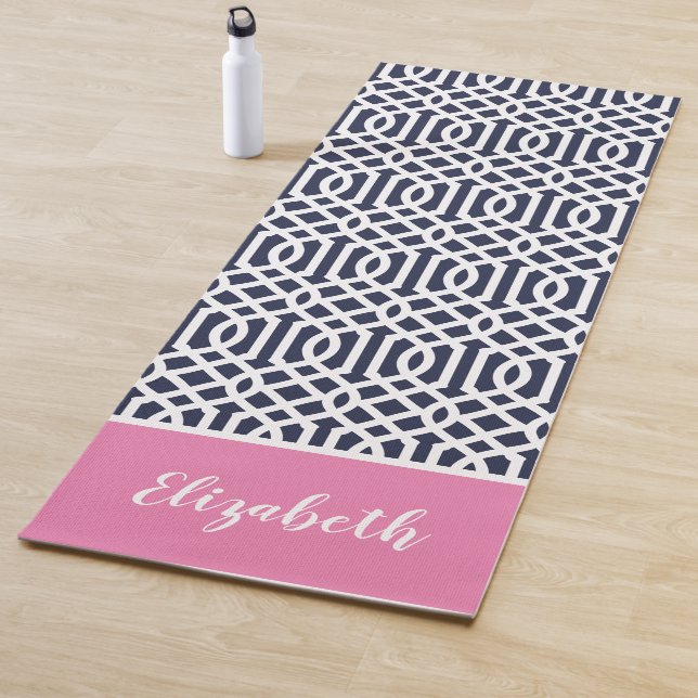 Navy and Pink Trellis Monogram | Editable Colours Yoga Mat (In Situ)