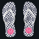 Navy and Pink Trellis Monogram Thongs<br><div class="desc">Custom printed flip flop sandals with a stylish modern trellis pattern and your custom monogram or other text in a circle frame. Click Customise It to change text fonts and colours or add your own images to create a unique one of a kind design!</div>