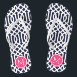 Navy and Pink Trellis Monogram Thongs<br><div class="desc">Custom printed flip flop sandals with a stylish modern trellis pattern and your custom monogram or other text in a circle frame. Click Customise It to change text fonts and colours or add your own images to create a unique one of a kind design!</div>