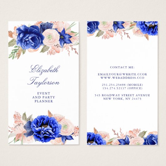 Navy and Pink Watercolor Flowers Elegant Modern Business Card