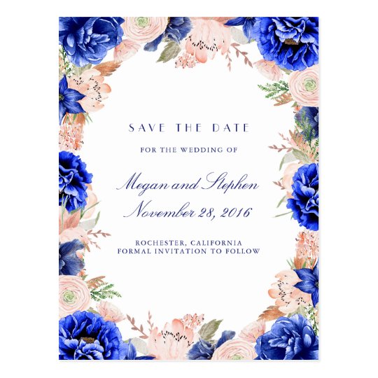 Navy and Pink Watercolor Flowers Save the Date Postcard