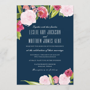 NAVY AND PINK WEDDING INVITATION WITH FLOWERS