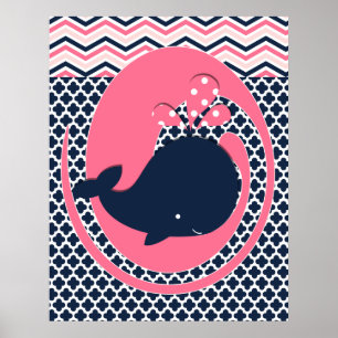 Navy and Pink Whale Nursery Poster