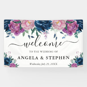 Navy and Purple Flowers Wedding Welcome Banner