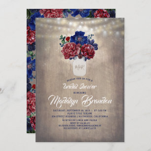 Navy and Red Floral Mason Jar Rustic Bridal Shower Invitation
