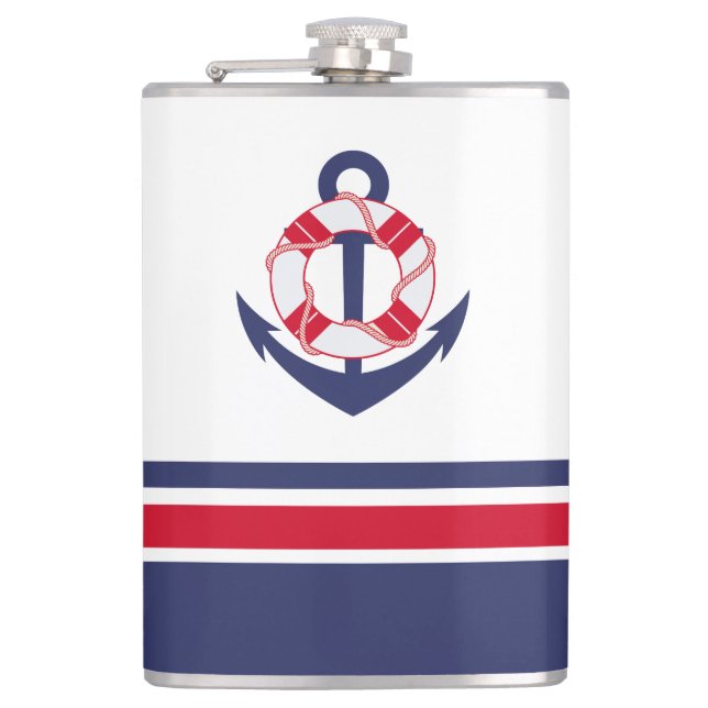Navy and Red Nautical Stripes Hip Flask (Front)
