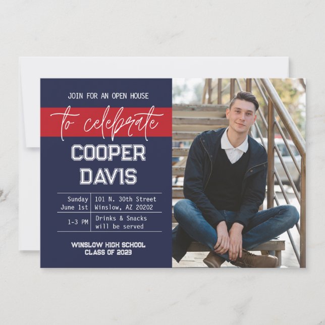 Navy and Red Photo Graduation Party Invitation (Front)