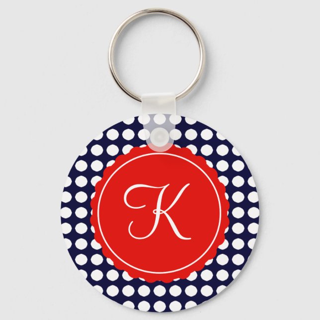Navy and Red Polka Dots Custom Initial Key Ring (Front)