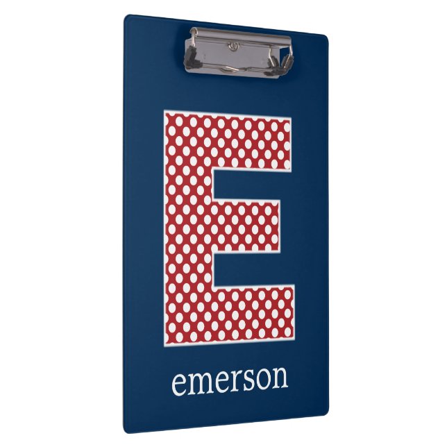 Navy and Red Polka Dots with Monogram Letter E Clipboard (Right)
