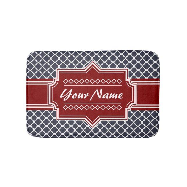 Navy and Red Quatrefoil Personalised Bath Mat (Front)