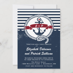 Navy and Red Rustic Nautical Wedding Invitation