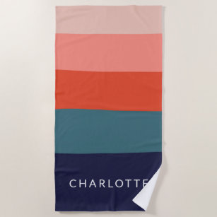  Navy and Red Wide Abstract Stripes Personalised   Beach Towel