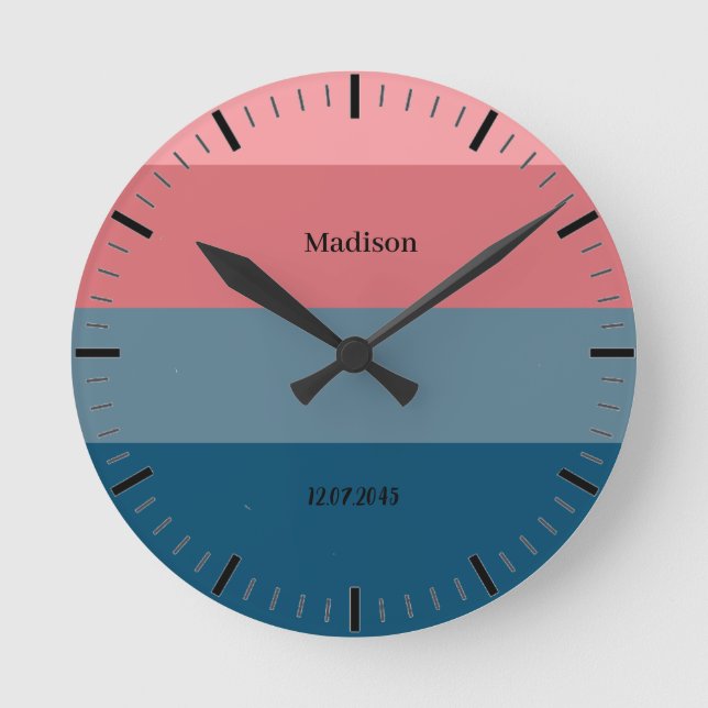 Navy and Red Wide Abstract Stripes Personalised  Round Clock (Front)