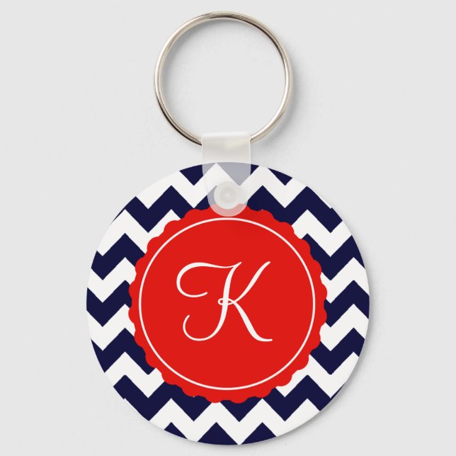 Navy and Red Zig Zag Custom Initial Key Ring (Front)