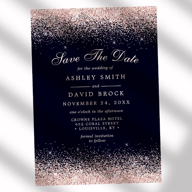 Navy and Rose Gold Confetti Save the Date (Creator Uploaded)